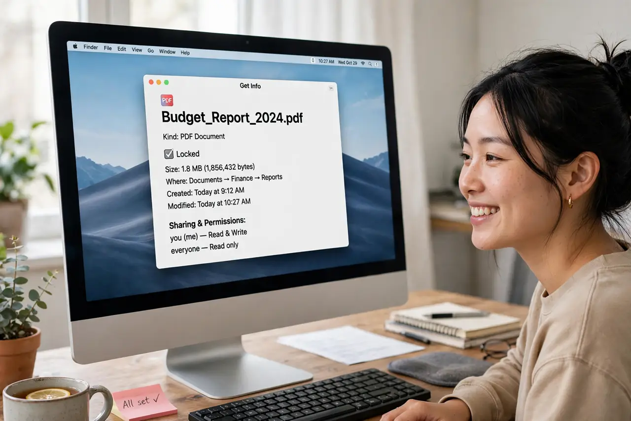 A person opening the Get Info window on a real Mac showing the Locked checkbox with legible text, the person's face