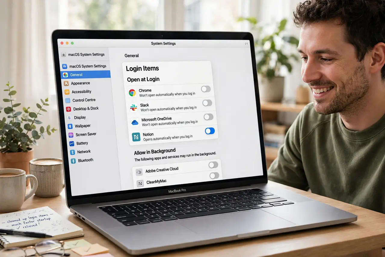 a person reviewing the real Login Items list in Mac System Settings with several apps toggled off, the person's face relieved, bright desk. No black screen, no blank white screen, .