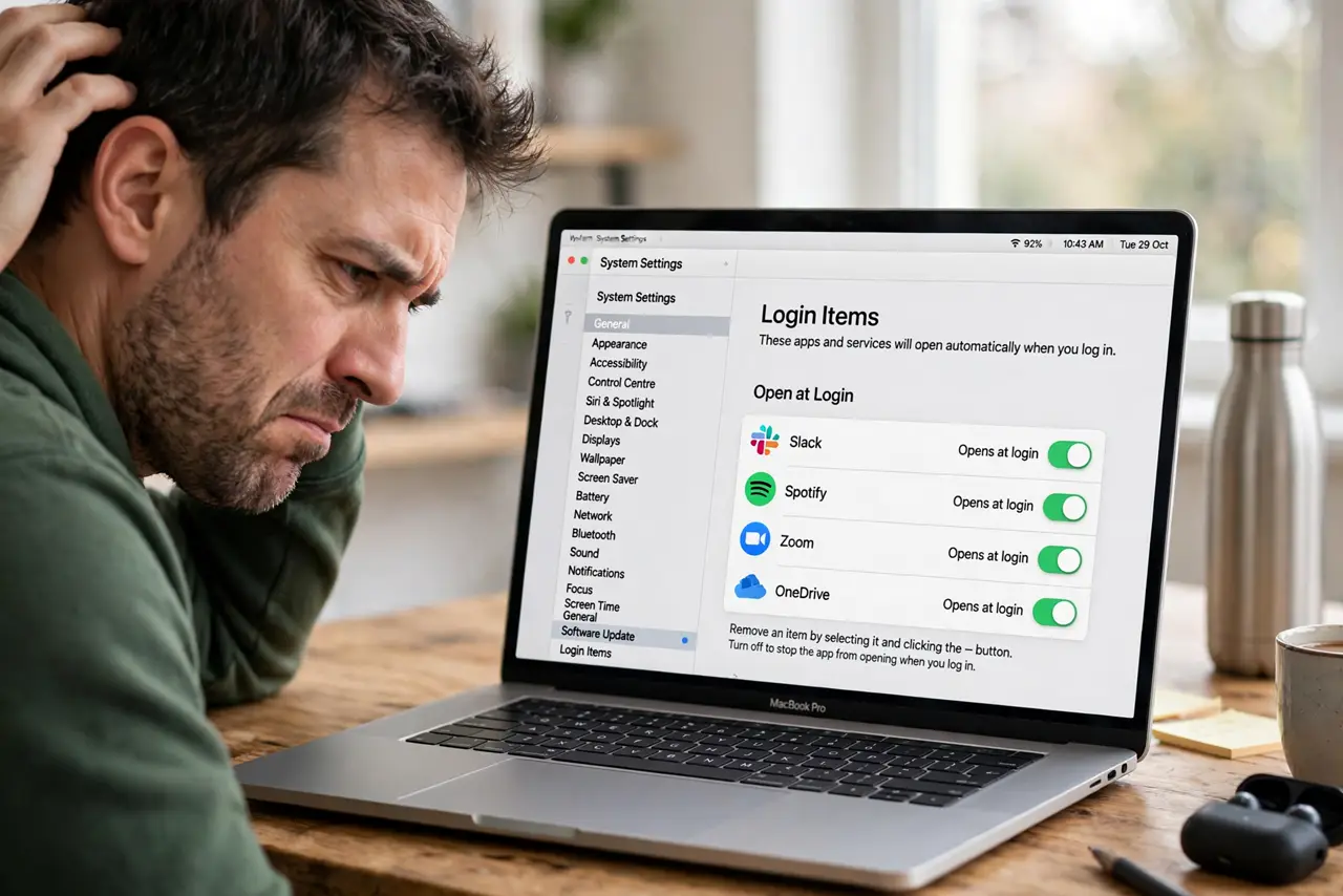 Removed Login Items Keep Reopening — an annoyed adult watching unwanted apps launch on a freshly restarted MacBook with fully legible login items t