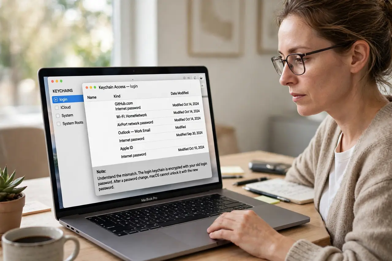 A person performing step 1 of the guide: Understand the mismatch. The login keychain is encrypted with your old login password. After a password change or admin reset, macOS cann...