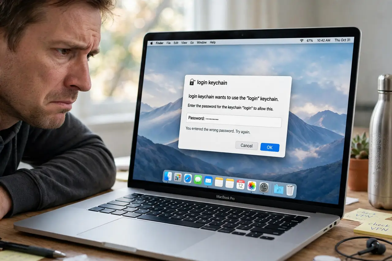 an exasperated adult looking at a real Mac showing the repeated 'login keychain password' prompt dialog with fully legible text.