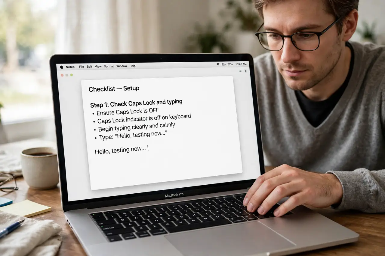 A person performing the first step: Check Caps Lock and typing.