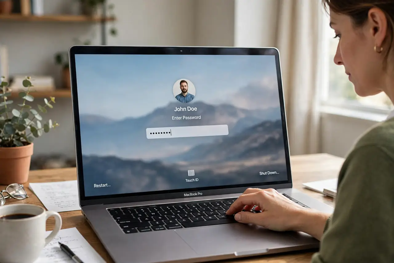 a calm adult typing a password on a real Mac laptop login screen at a desk, the macOS login screen clearly visible and legible on the real Mac screen.
