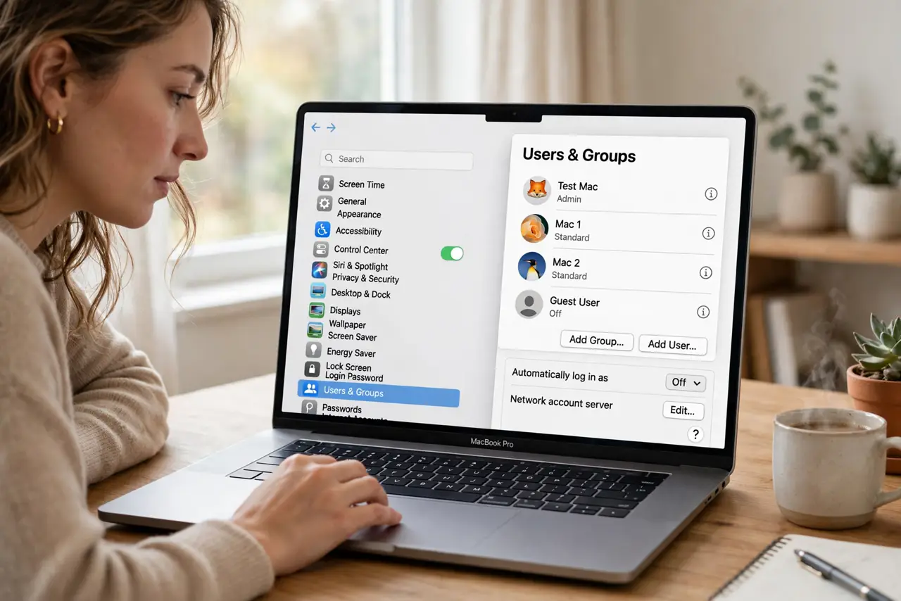 A person carrying out step one: open users and groups.