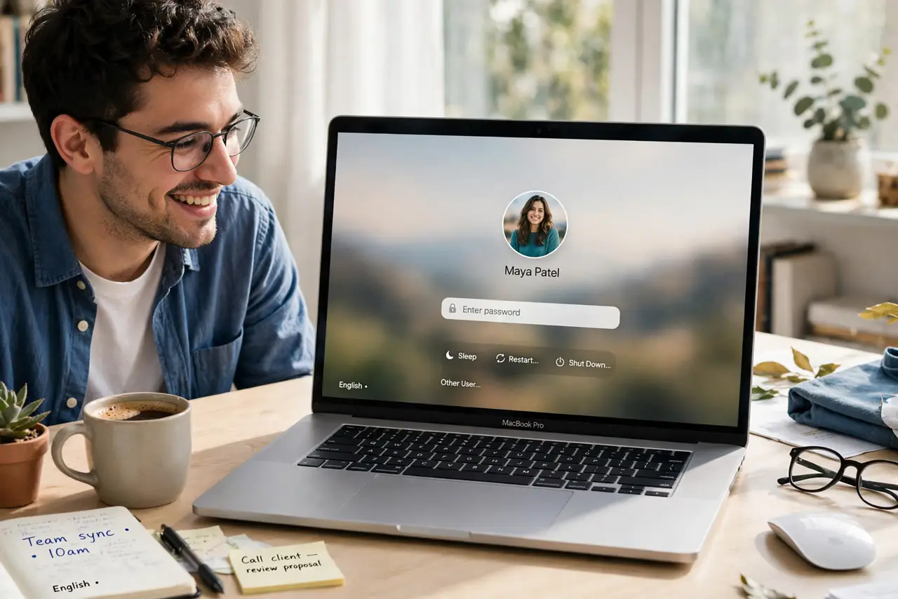 A person looking at a real MacBook login screen showing a legible user profile picture, the person's face amused and pleased, bright desk.