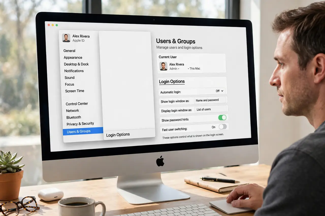 A person performing step 1: Open Login Options. Go to System Settings, Users and Groups, and open Login Options at the bottom. This is the.