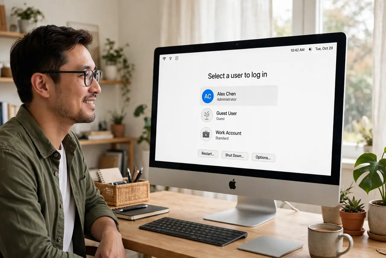 A person looking at a real Mac login screen showing a clean legible list of user accounts, the person's face satisfied, bright home office.