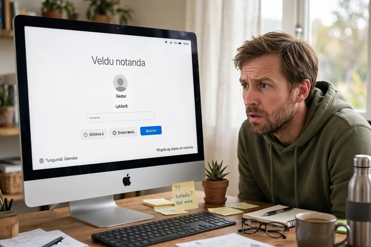 Login Screen Shows the Wrong Language — a puzzled adult looking at a Mac login screen displaying an unexpected language with fully legible text, the p