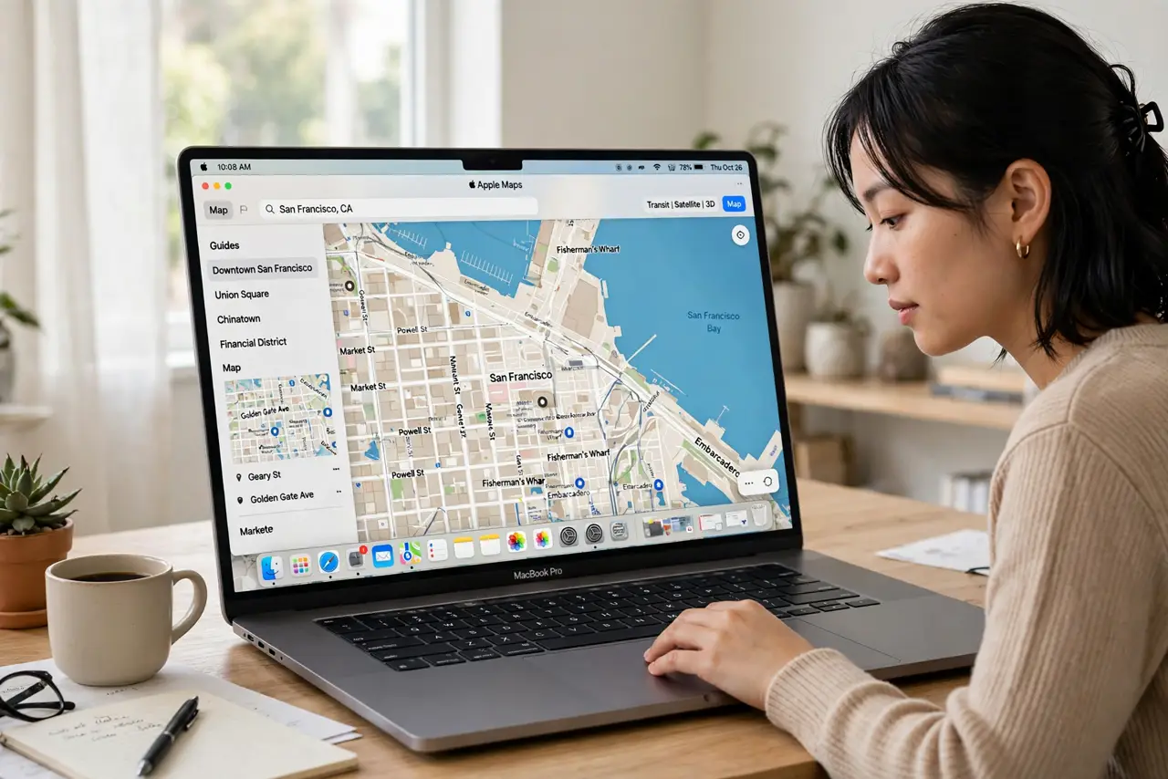 Photoreal photo of a person performing the first step: Open Maps and zoom into a city. Launch Maps from the Dock or Applications. Search for a city or zoom in manually — Look Around needs a fairly close zo...