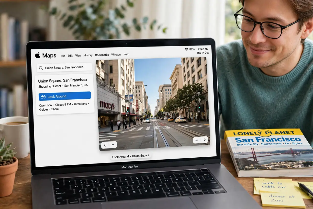 Photoreal photo: a calm person at a desk viewing a real Mac screen showing Apple Maps with a legible Look Around street-level panorama of a city street, a travel guidebook beside the keyboard, the person's face pleased a
