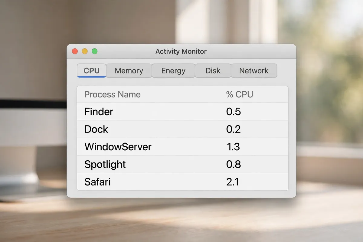 Example recreation of macOS Activity Monitor with the CPU tab selected, listing processes and their CPU use.
