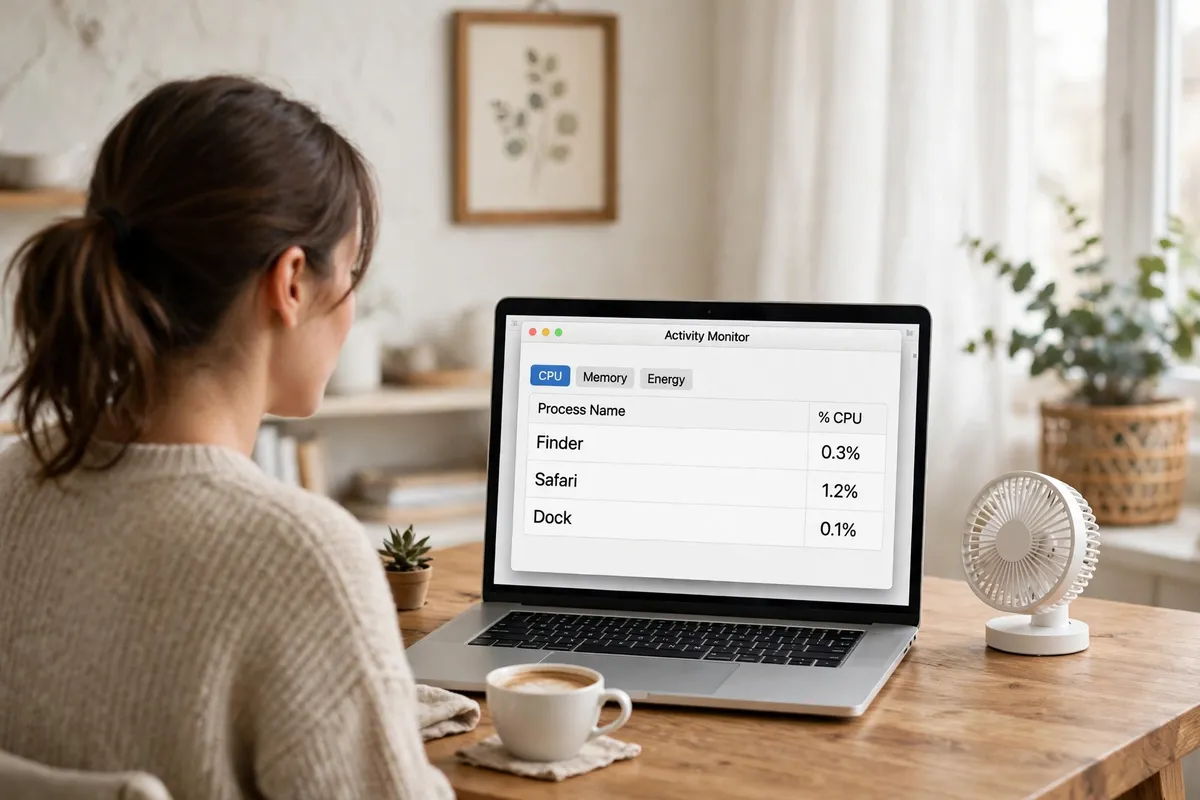 A person at a MacBook on a wooden desk, its screen showing macOS Activity Monitor with the CPU tab selected, with a small white desk fan beside the laptop.