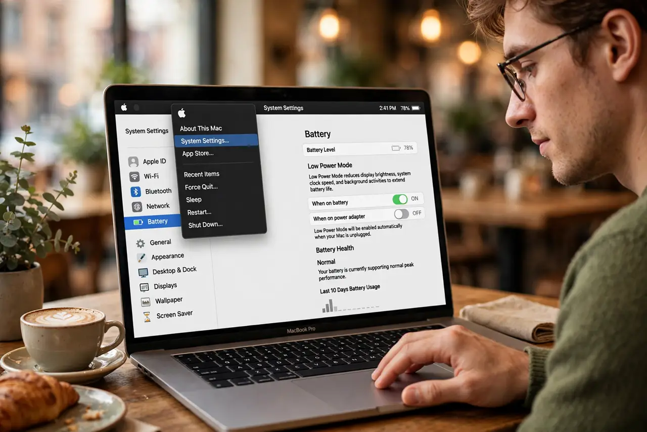 A person performing the first step: Open Battery settings. Click the Apple menu, choose System Settings, then Battery.