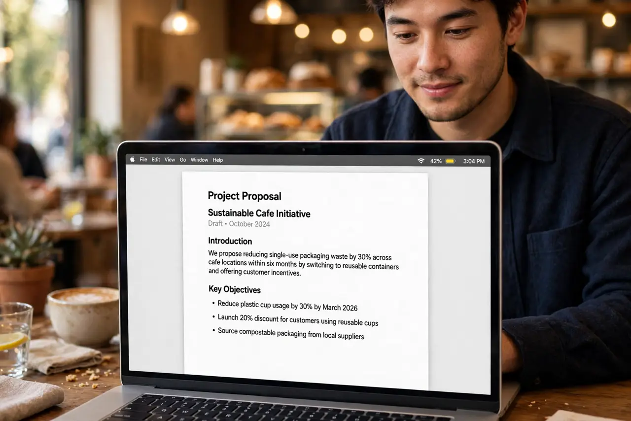 A person using a MacBook on battery in a cafe, the menu bar showing a yellow battery icon, the screen showing a