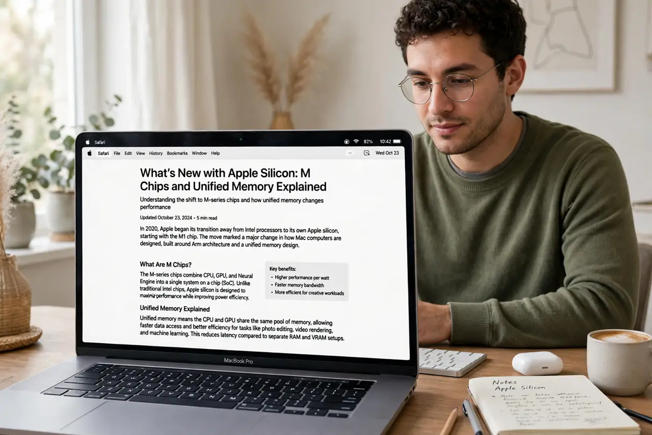 Photoreal photo of a person performing the first step: Learn what changed with Apple silicon. M chips combine CPU, GPU, and memory on one chip -- unif