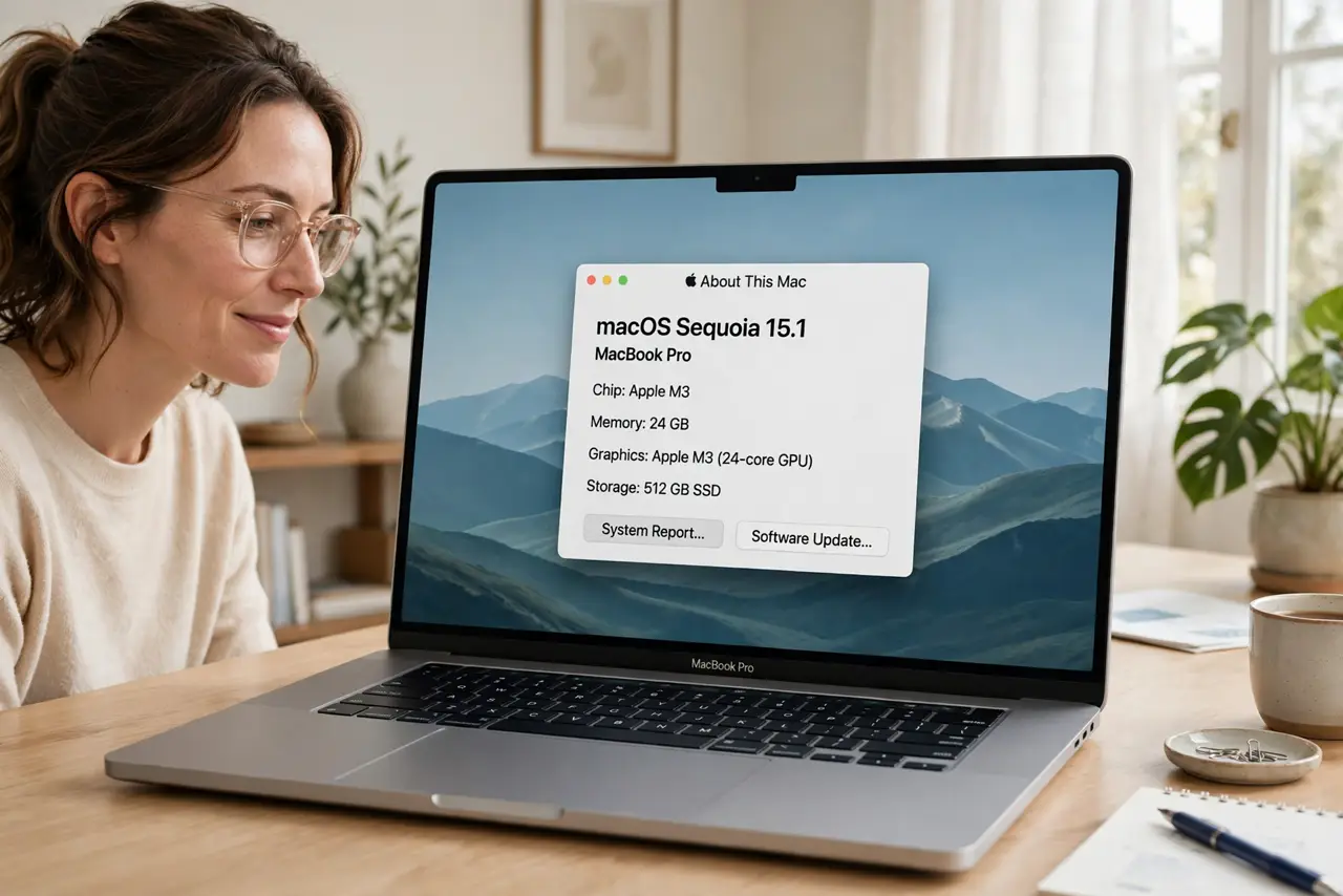 Photoreal photo: a person using a real MacBook showing a legible About This Mac screen displaying the chip name, the person's face impressed, bright home office. No black screen, no blank white screen, no fake or garbled screen text.