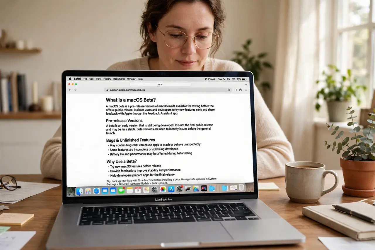 Photoreal photo of a person performing the first step: Understand what a beta is. Betas are pre-release versions Apple gives developers and volunteers to test. Features are unfinished, bugs are guaranteed,...