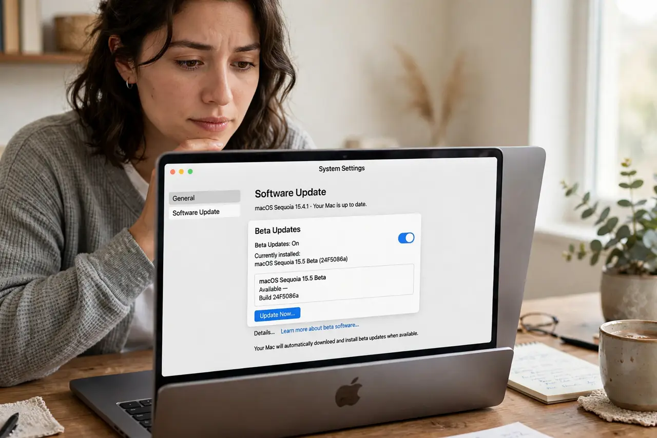 Photoreal photo: a person hesitating over a real Mac screen showing a software update page with a legible beta option, the person's face cautious, home office. No black screen, no blank white screen, no fake or garbled s
