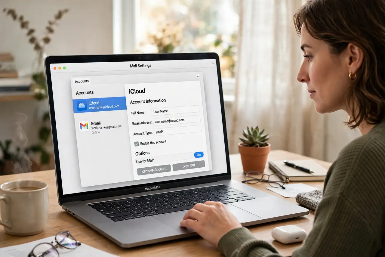 A person performing the first step: Open Mail's account settings. In the Mail app, open Settings and go to the Accounts.