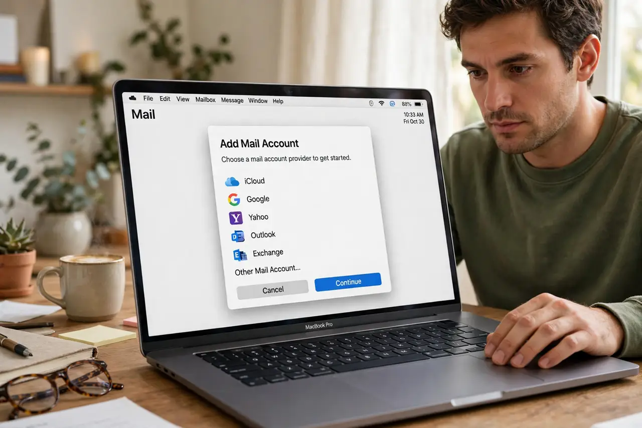 A person adding an email account on a MacBook, the screen showing Mail account setup with provider options legible, the