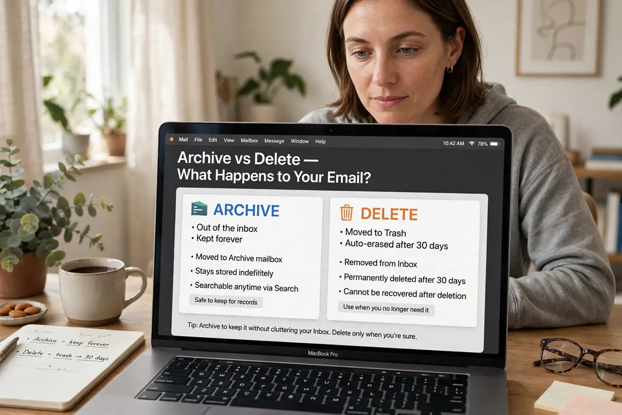 A person performing the first step: Understand the difference. Archive: out of the inbox, kept forever, searchable.