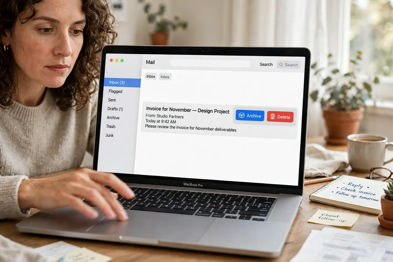 A person swiping on an email in the Mail app on a MacBook, the screen showing archive and delete options with legible
