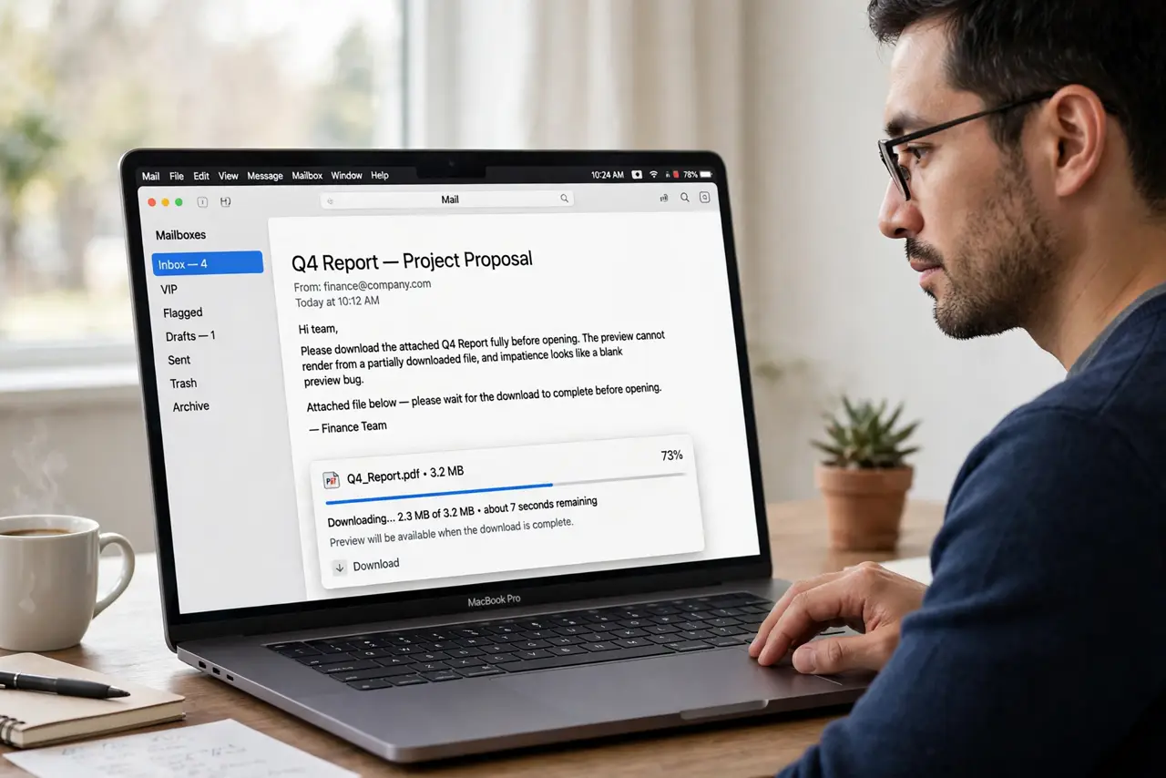 Mail Attachment Previews Show Up Blank — step 1 being performed on the device.