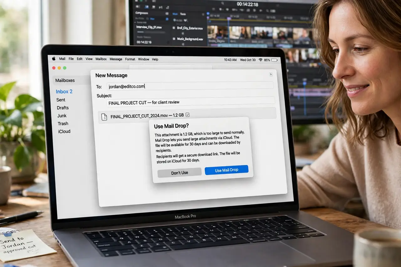 a person attaching a large video file in real Mac Mail with the Mail Drop prompt legible on screen, the person's face relieved, video timeline visible behind.