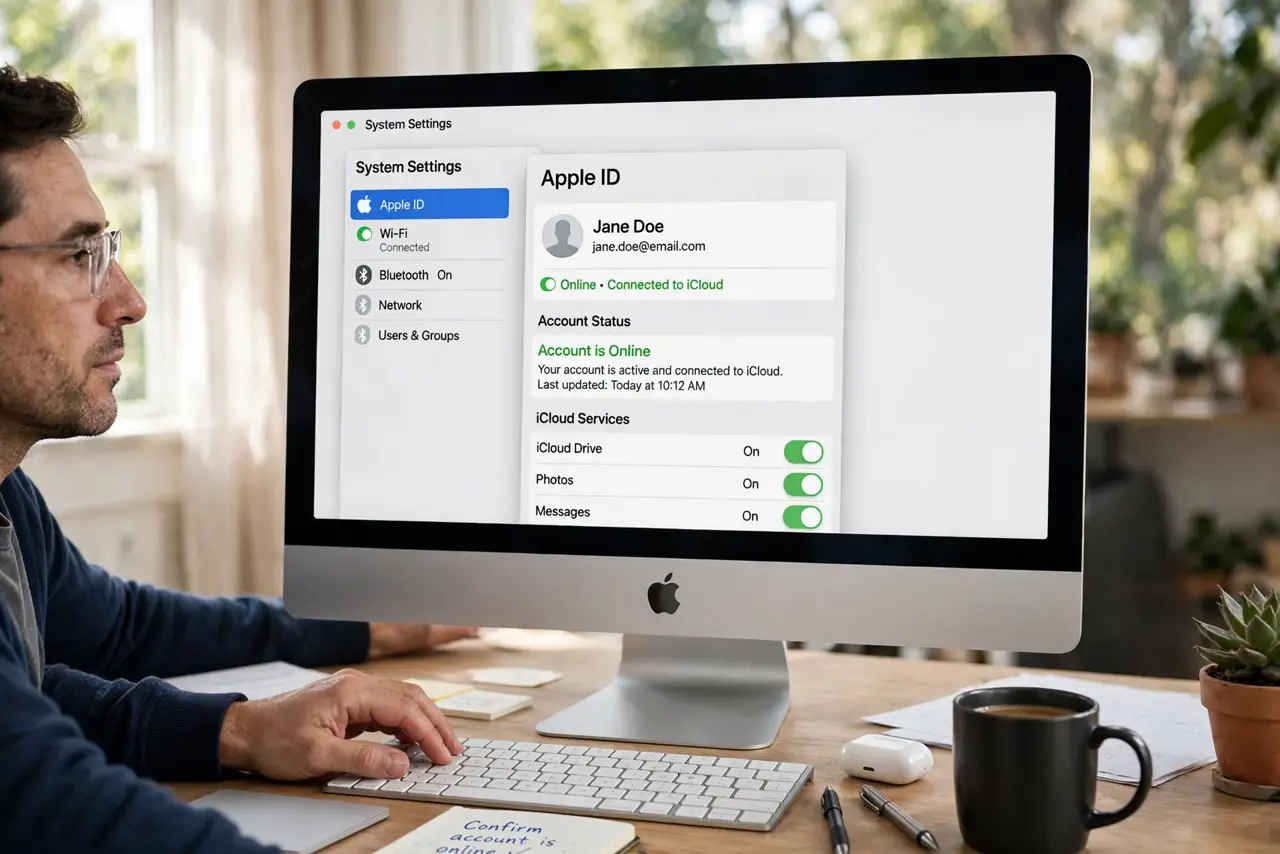 Step 1 in action for Mail Attachments Won't Download on Mac: Confirm the account is actually online.