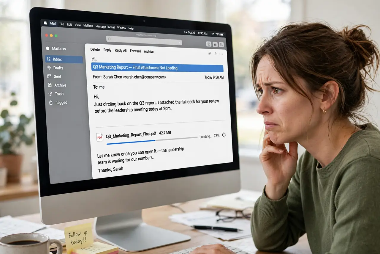 Mail Attachments Won't Download on Mac — a frustrated adult looking at the Mac Mail app showing an email with a loading attachment indicator and fully