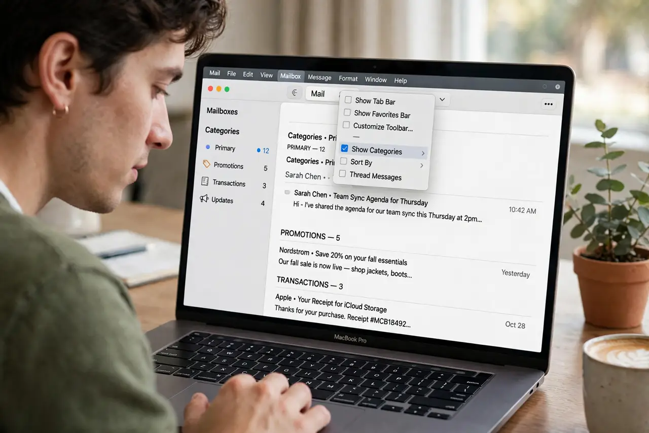 A person performing the guide's first step: Enable categories. In Mail, open the View menu (or the toolbar customization) and switch the inbox to the categorized view. Your existing…