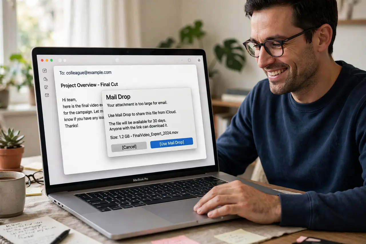 A person attaching a large video file in the Mail app on a MacBook, the screen showing a Mail Drop prompt with legible