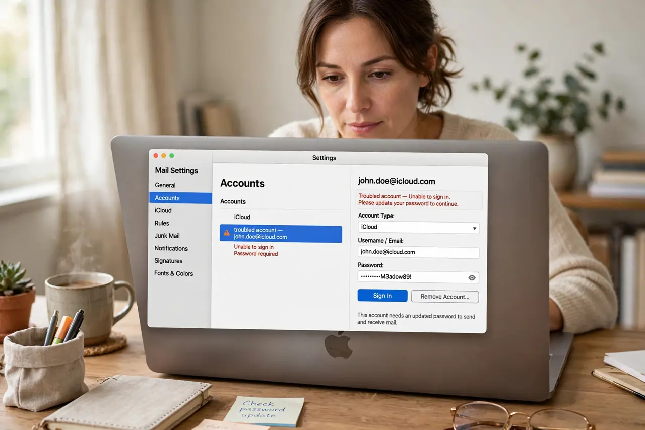 A person performing the first step: Open the Accounts settings. In Mail, go to Settings, then Accounts, and select the.