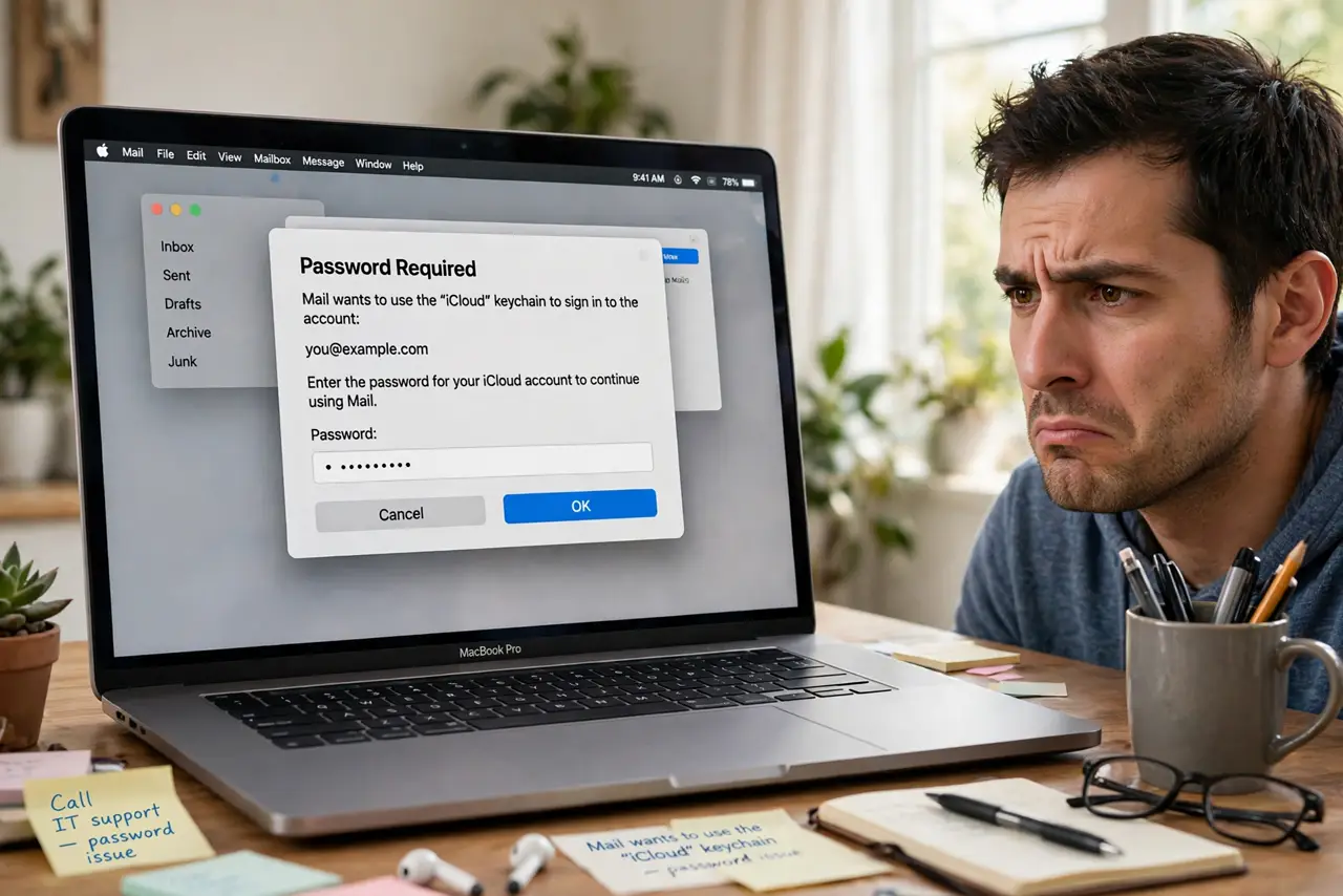 A person looking at a MacBook screen showing a Mail password prompt dialog with legible text, the person's face