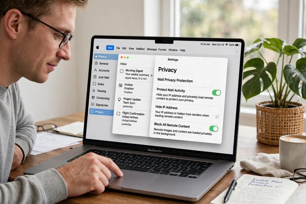 a person enabling Mail Privacy Protection in real Apple Mail settings with legible toggle text, inbox visible behind, the person's face calm, home office.
