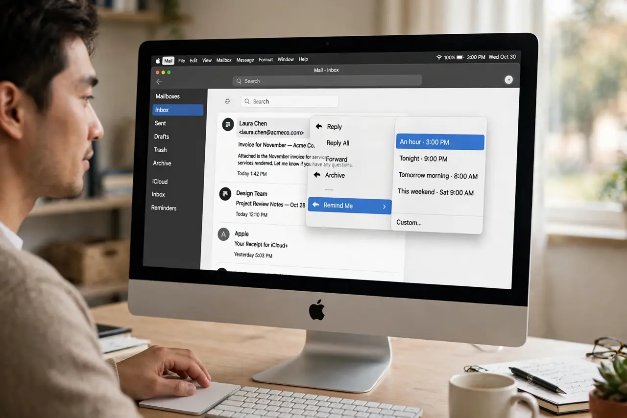 A person performing the guide's first step: Right-click and choose Remind Me. In the message list, right-click (or Control-click) any email and choose Remind Me. Pick from the preset…