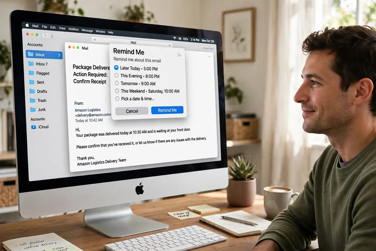 A person at a real Mac showing the Mail app with a Remind Me popup on an email with legible options, the person's face relieved, home office.