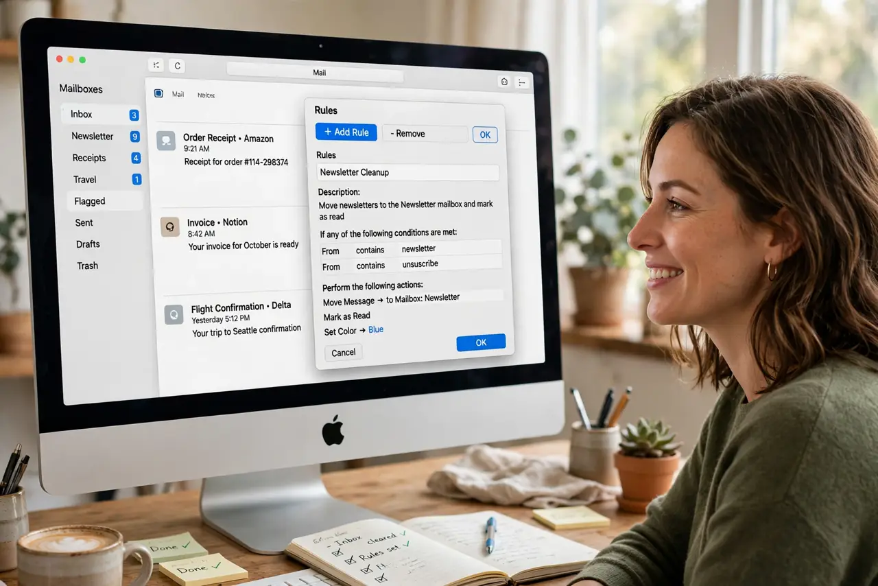 a person at a desk viewing a real Mac screen showing Mail rules settings with legible conditions and actions, the person's face satisfied, inbox visibly tidier.