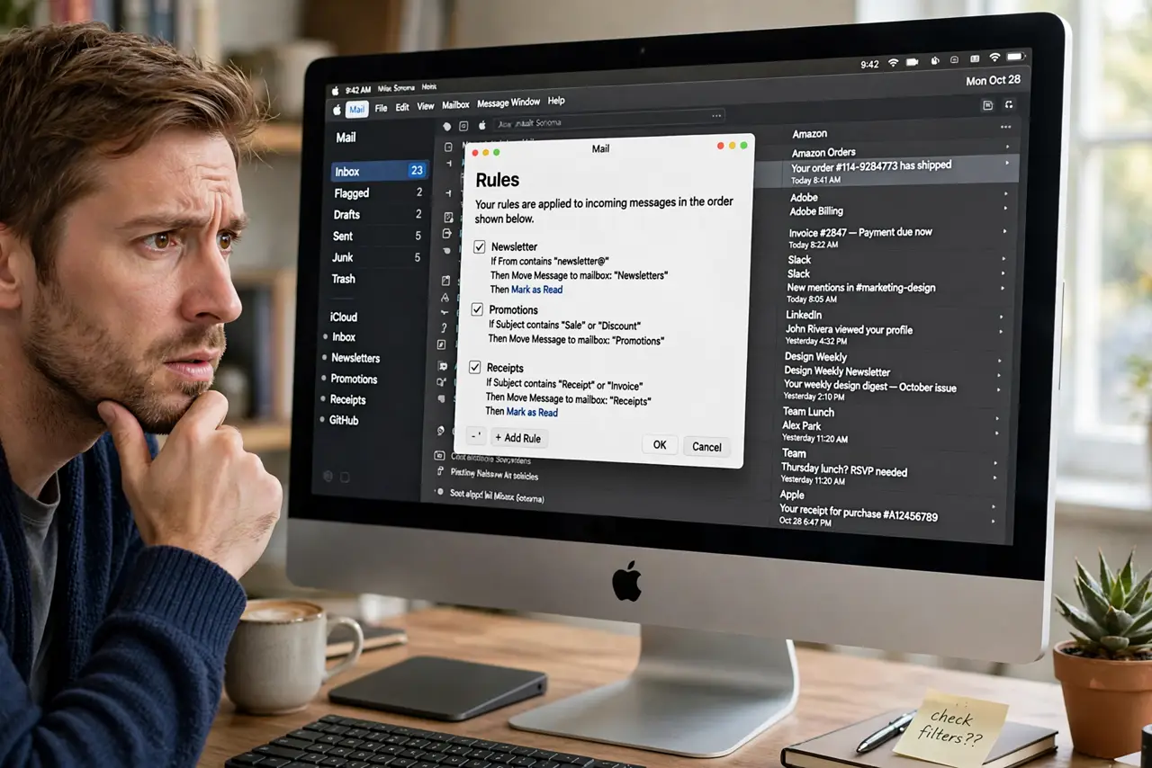 Mail Rules Never Run Automatically — a puzzled adult looking at the Mac Mail rules settings window with fully legible rule text, an inbox full of u