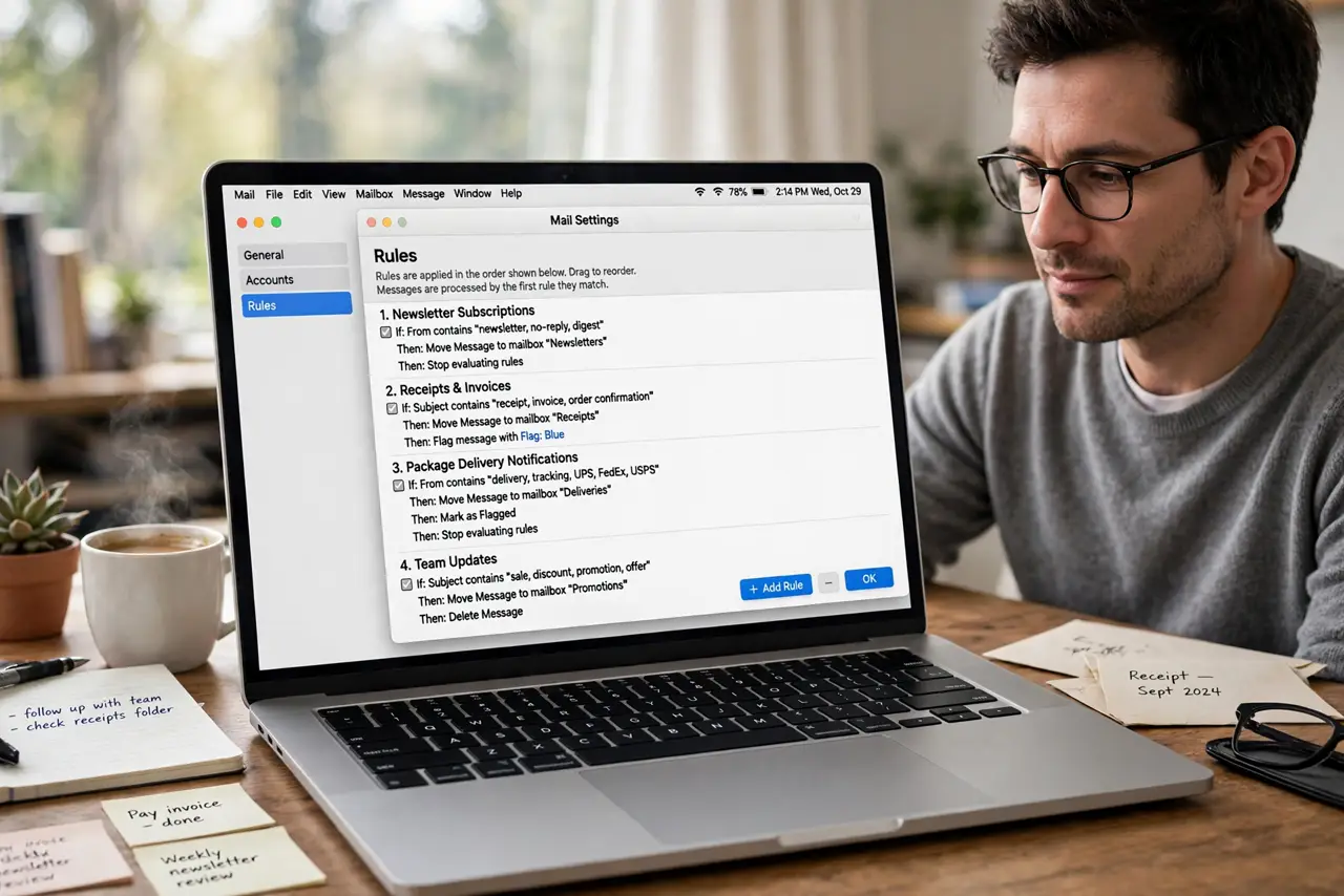 Mail Rules Run in the Wrong Order on Mac — photo showing the situation described in the guide.