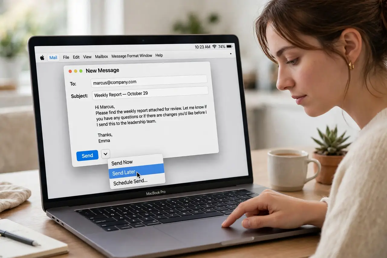 A person performing the guide's first step: Click the Send dropdown. In a new message, click the small arrow next to the Send button (not the button itself). Choose Send Later from…