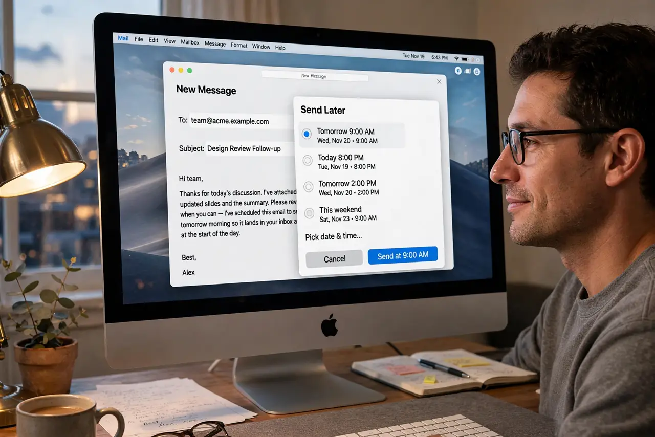 A person at a real Mac showing the Mail compose window with a legible Send Later scheduling popup, evening lamp light, the person's face relaxed and clever.