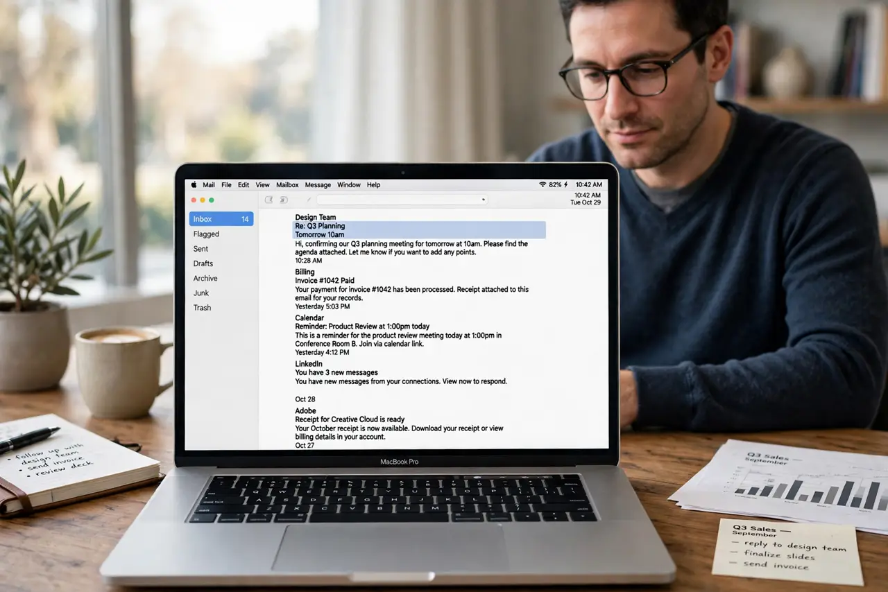 a focused adult at a desk with a real Mac laptop open, Mail app visible on the real screen with an inbox list complete and legible, the person reading mail calmly.