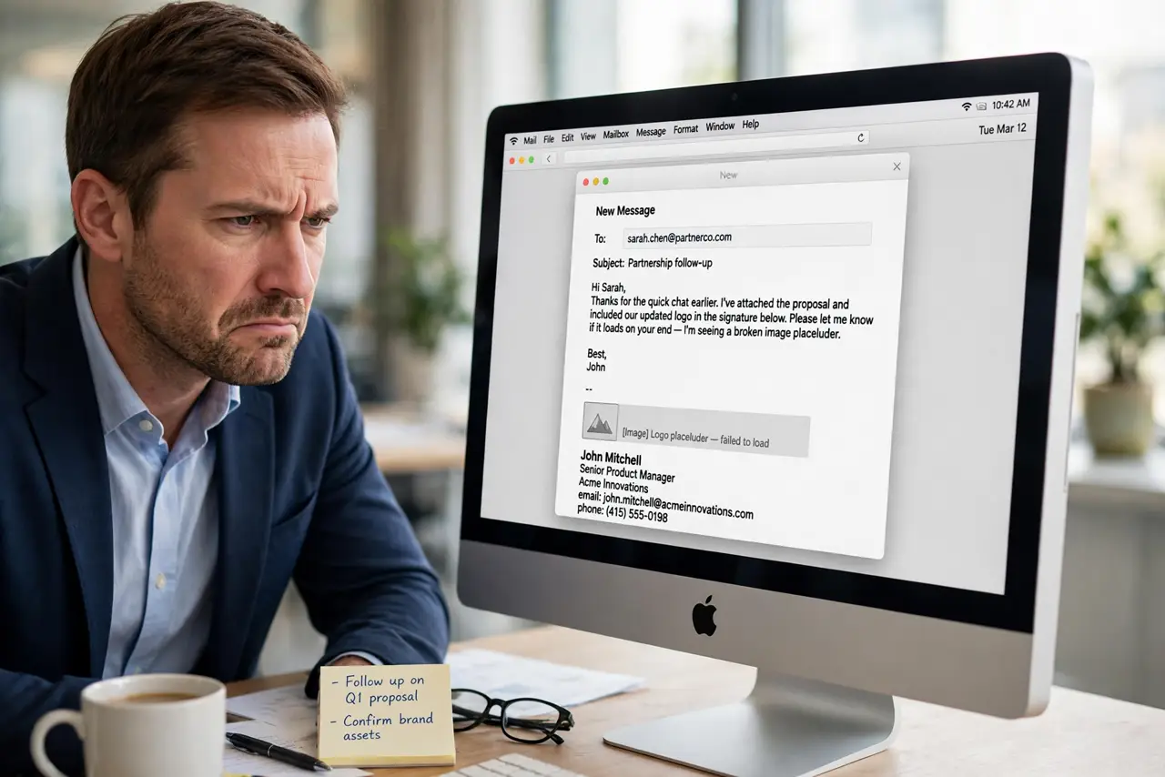 Email Signature Images Broken in Mac Mail — a professional adult composing an email in Mac Mail with the signature showing a broken image box, fully legib