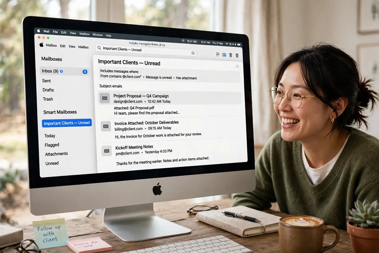 a person at a desk looking at a real Mac Mail window showing a Smart Mailbox with legible filter rules, the person's face delighted, coffee nearby.
