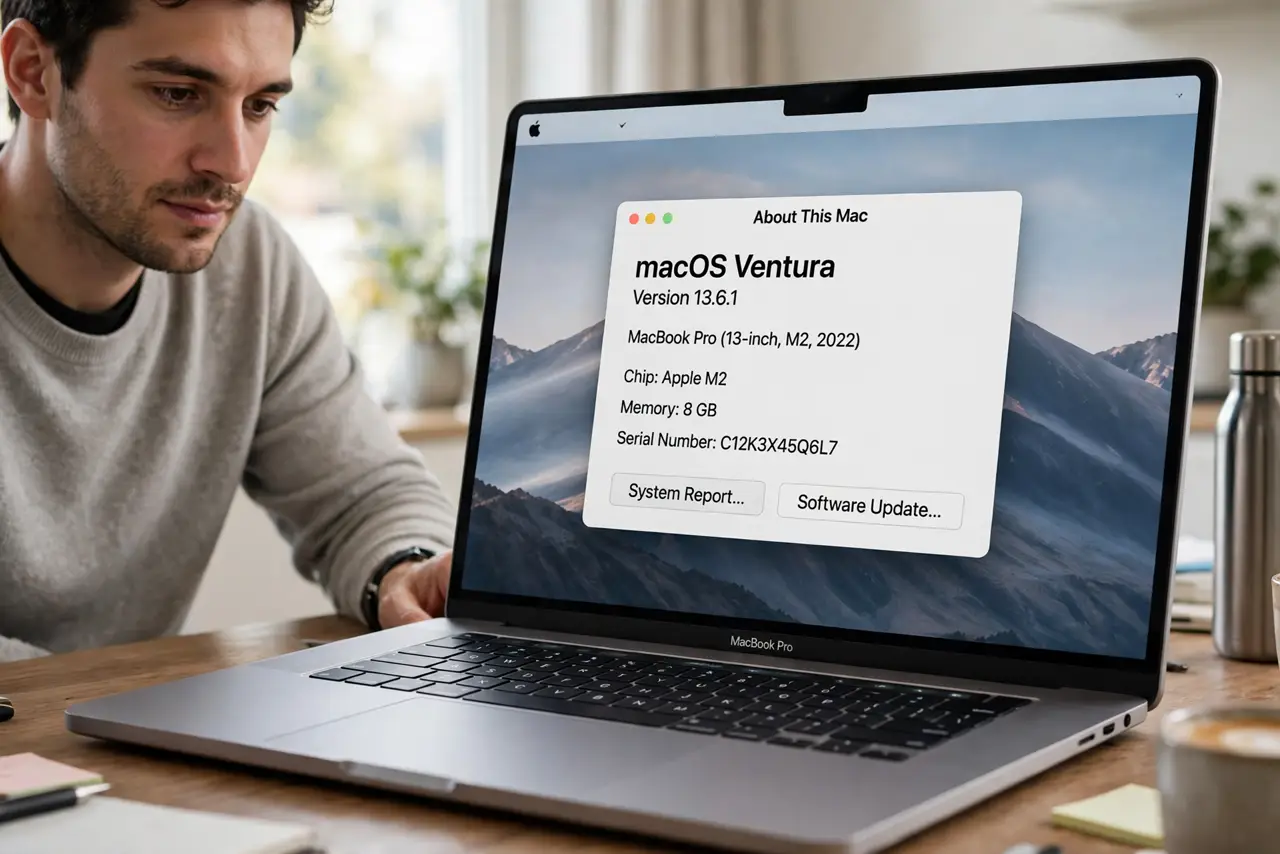 A person performing the first step of the guide: Check your macOS version. Remind Me needs macOS Ventura (13) or later. Click the Apple menu, then About This.
