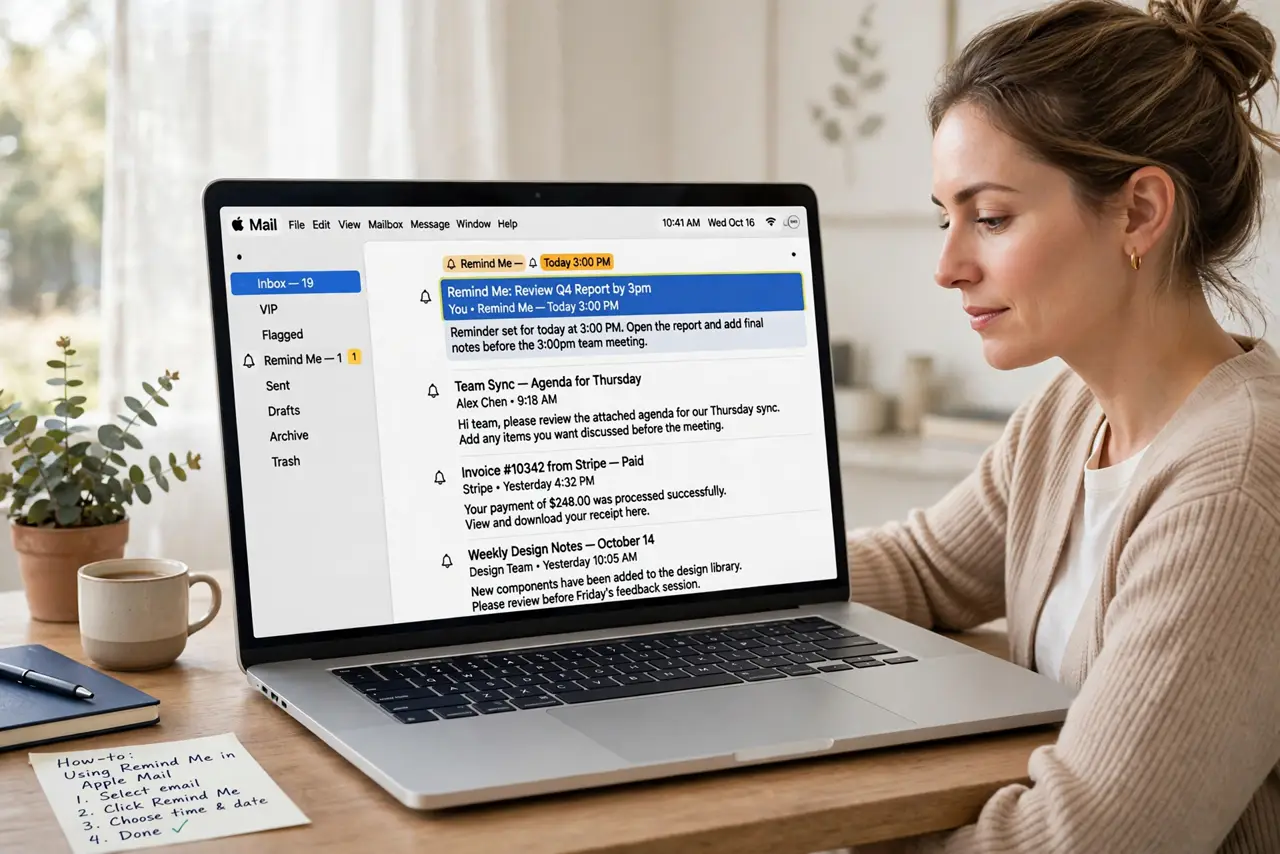 A person using a real MacBook with Apple Mail open showing an inbox with legible email subjects, one email highlighted with a Remind Me indicator.