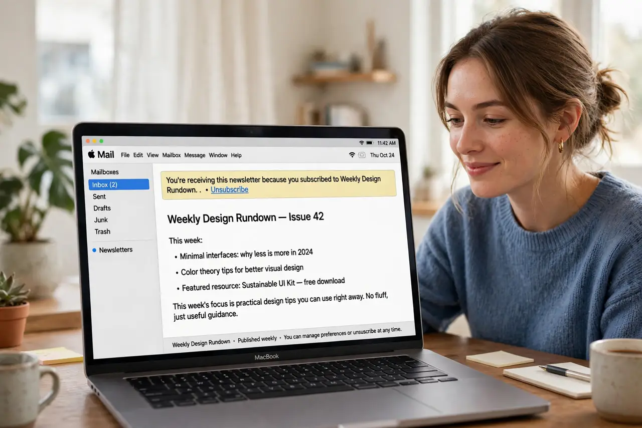 a person using a real MacBook showing Apple Mail with a newsletter open and the unsubscribe banner legibly visible at the top, the person's face relieved, br...