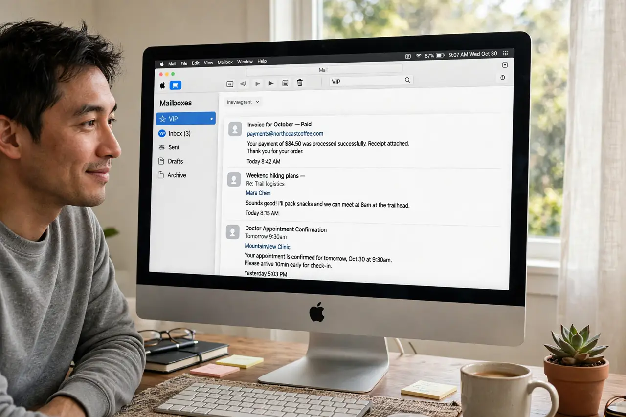a person at a desk looking at a real Mac screen showing the Mail app with a VIP mailbox and legible message list, the person's face relieved, morning light.