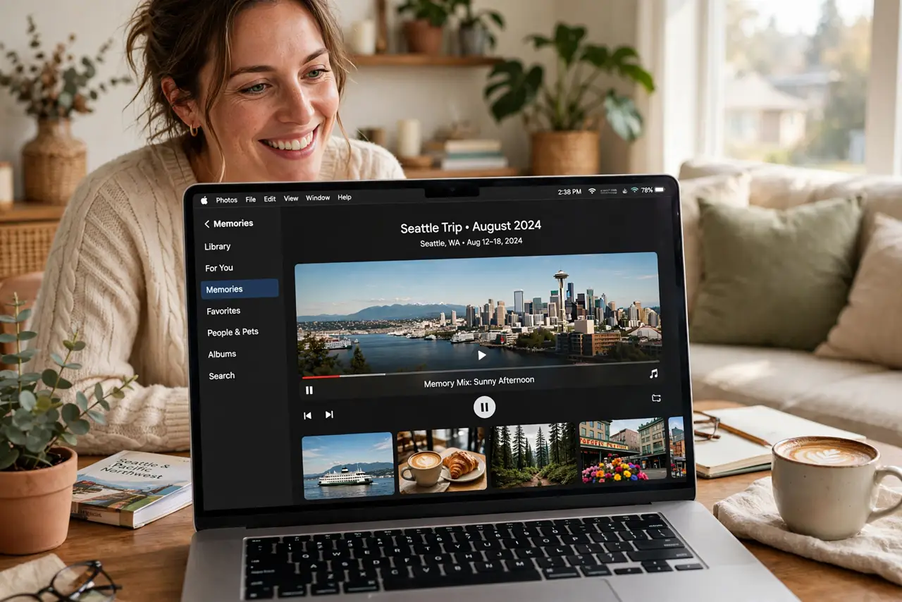 a person using a real MacBook showing the Photos app playing a Memory movie with legible title text over vacation photos, the person's face smiling, cozy living room.